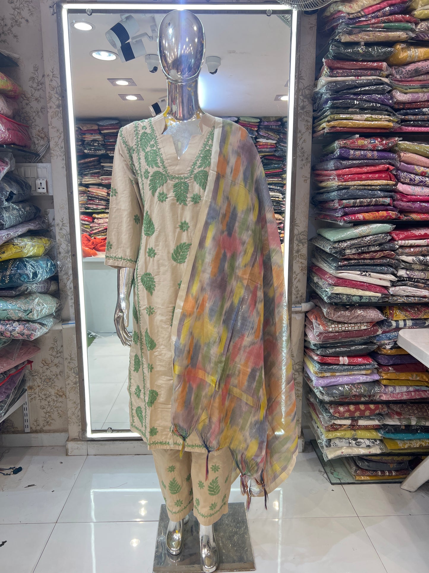 Premium Cotton Hand Lucknowi 3 Pc Suit Green Color