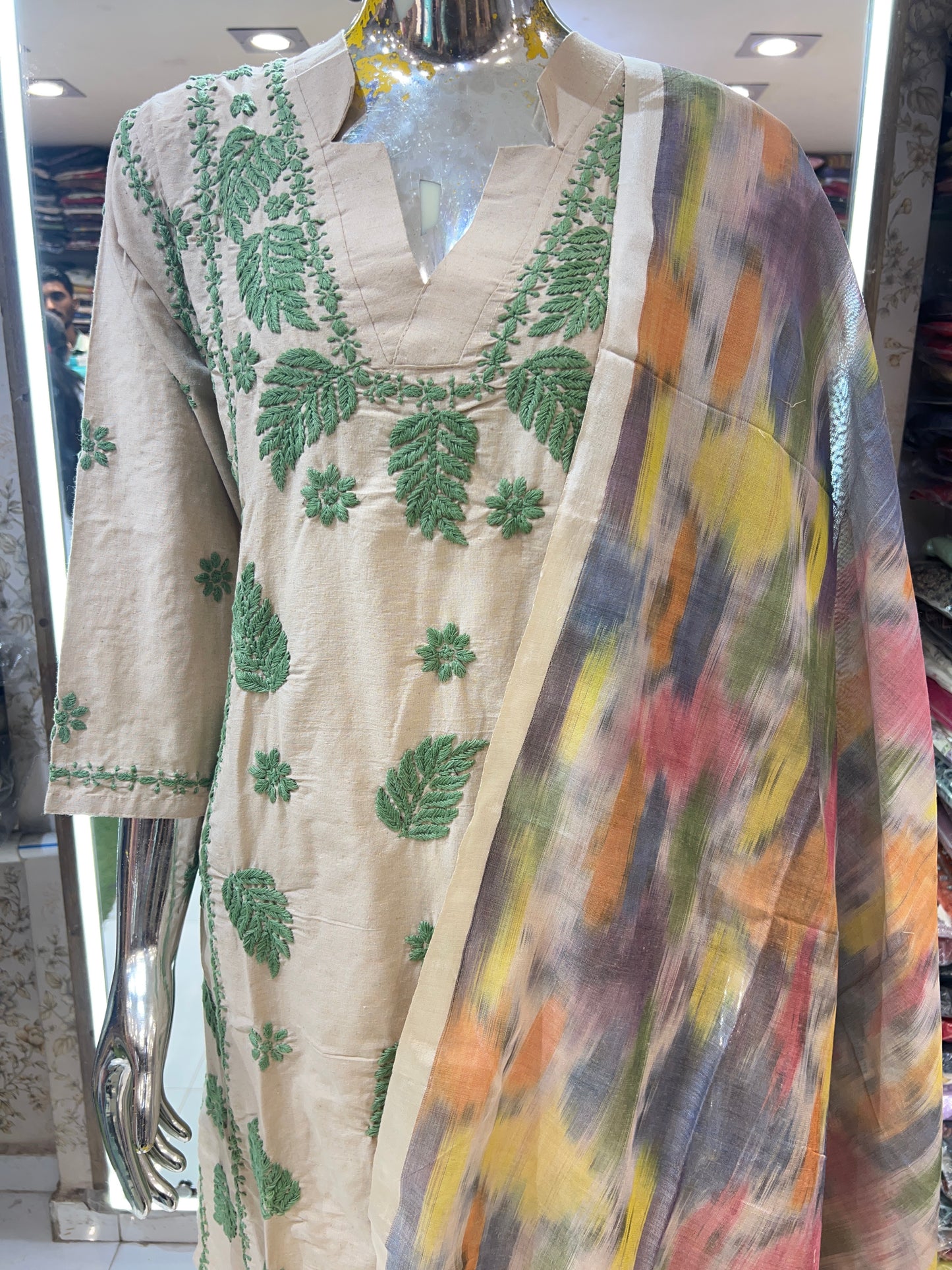 Premium Cotton Hand Lucknowi 3 Pc Suit Green Color