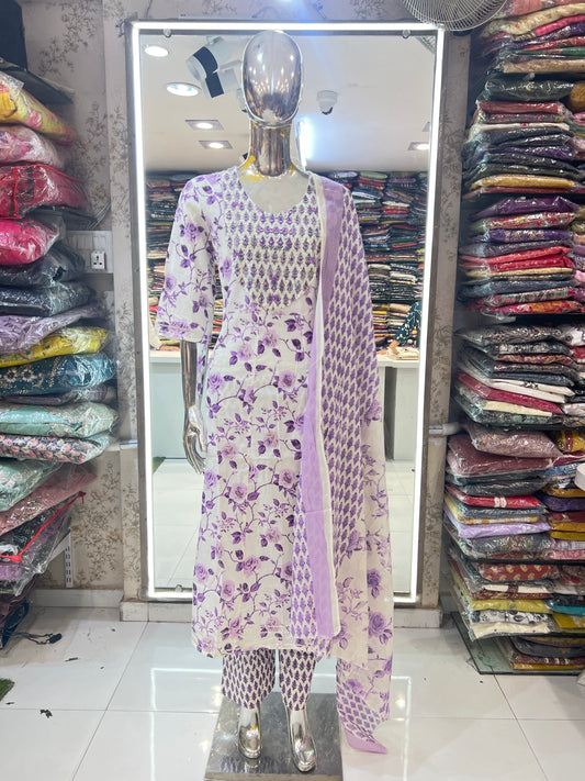 Premium Jaipuri Cotton A- Line 3 pc suit in Foil Mirror Work purple color