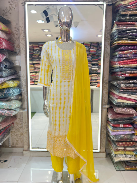 Premium Muslin Shibori Tye Dye 3 Pc Set- Yellow Color