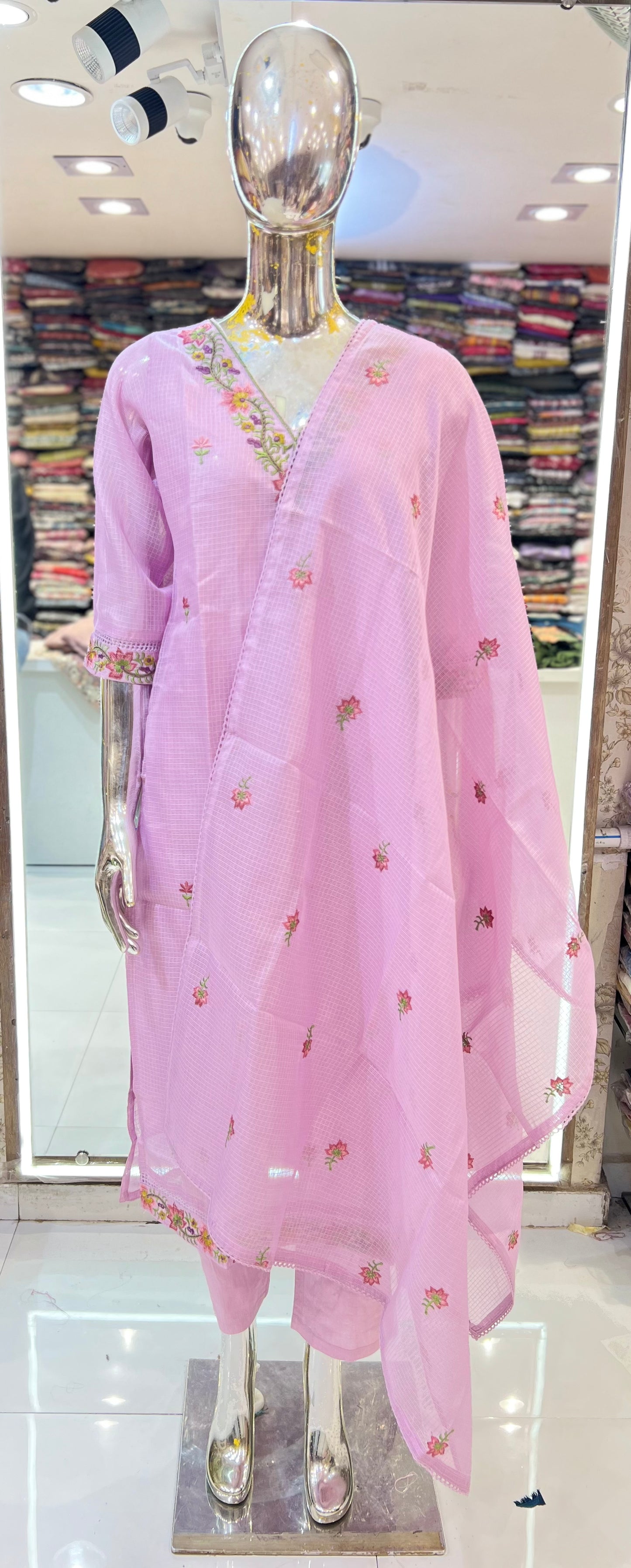 Premium Kota doria 3 Pc suit With Thread Embroidery Light Purple colour