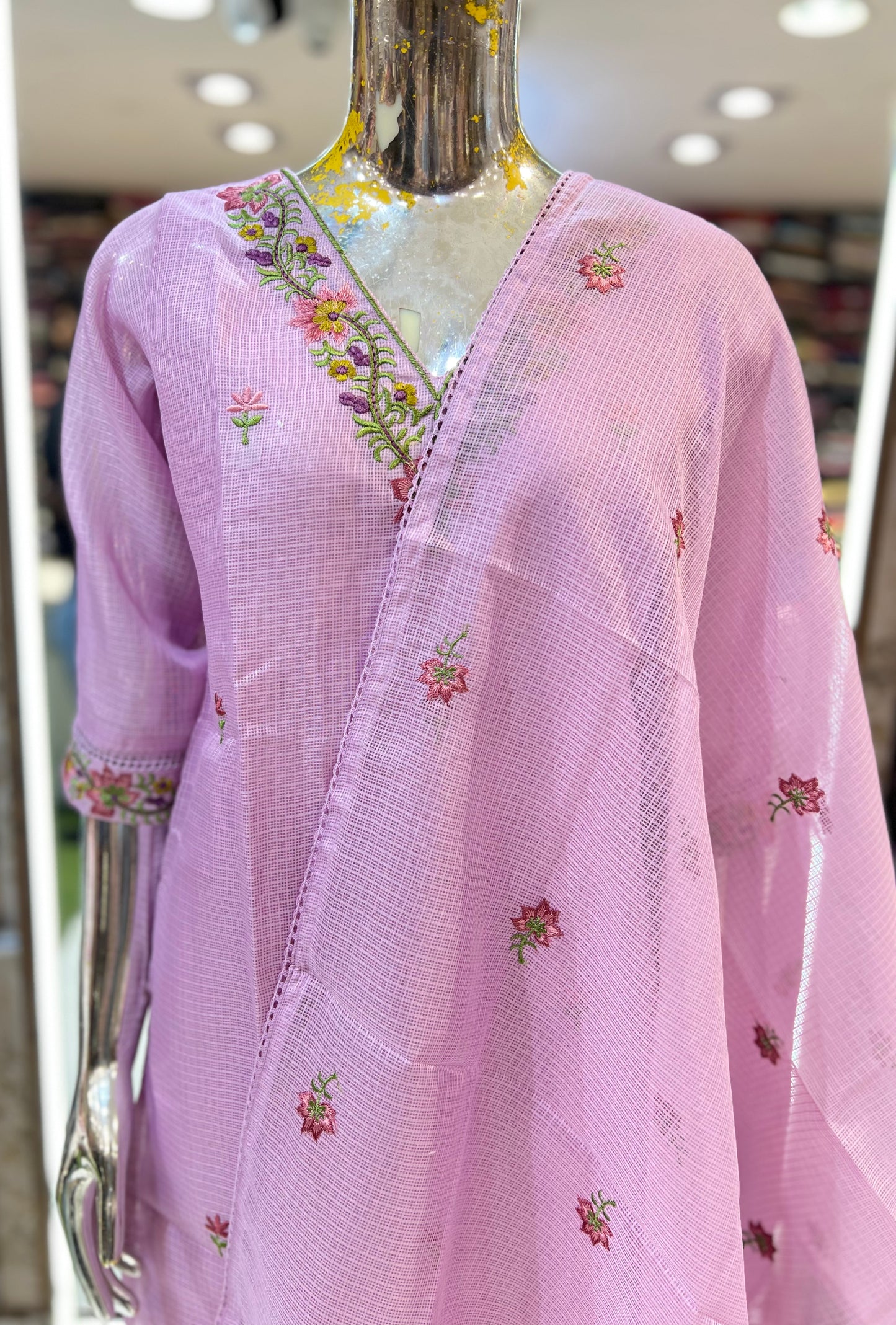 Premium Kota doria 3 Pc suit With Thread Embroidery Light Purple colour