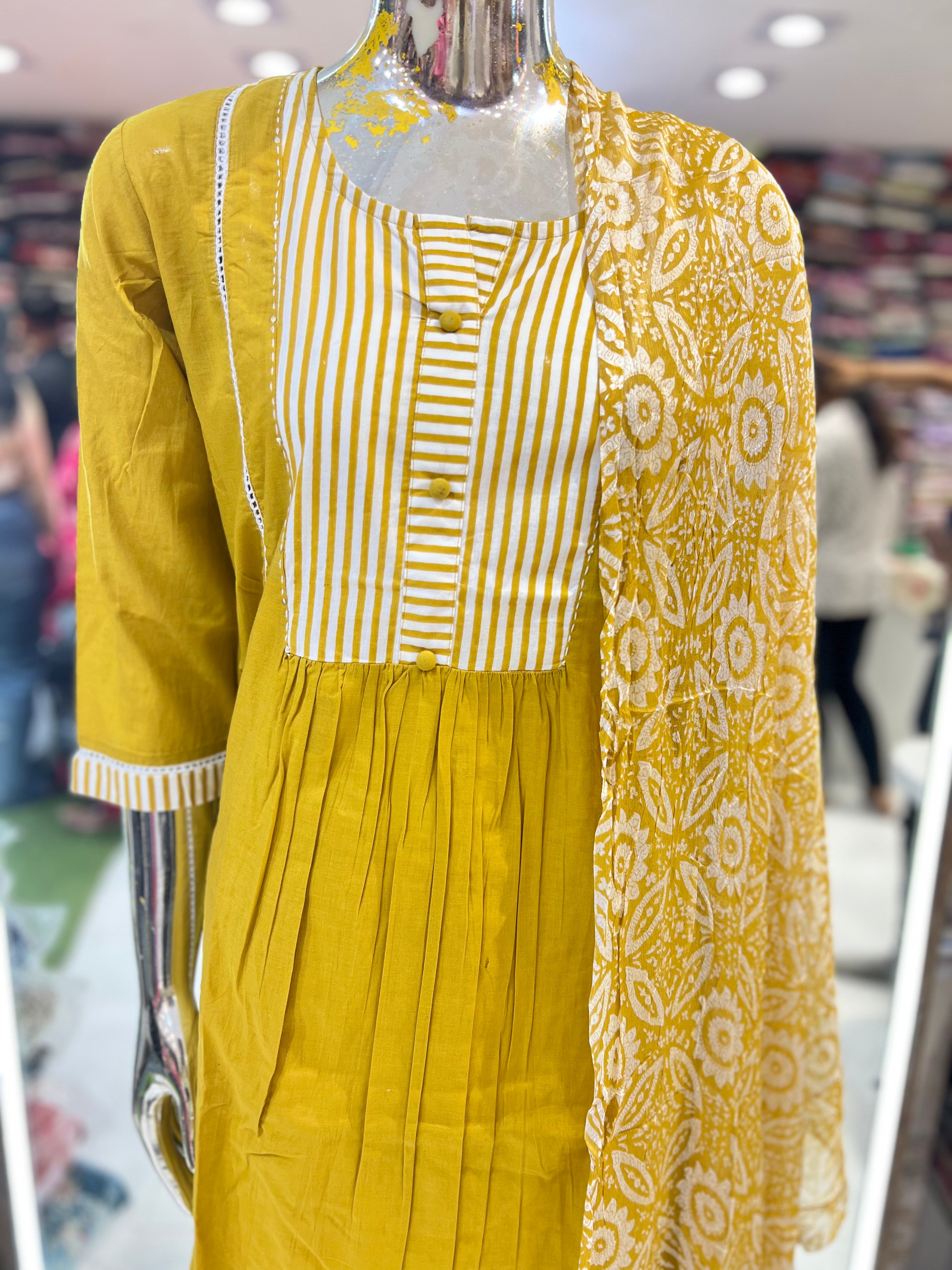 Pure Cotton 3pc Set Yellow Color With White line