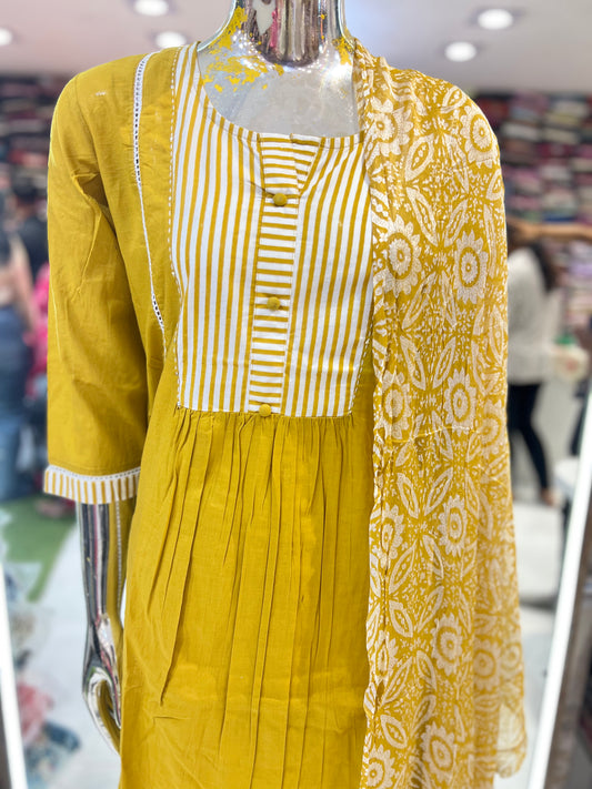 Pure Cotton 3pc Set Yellow Color With White line