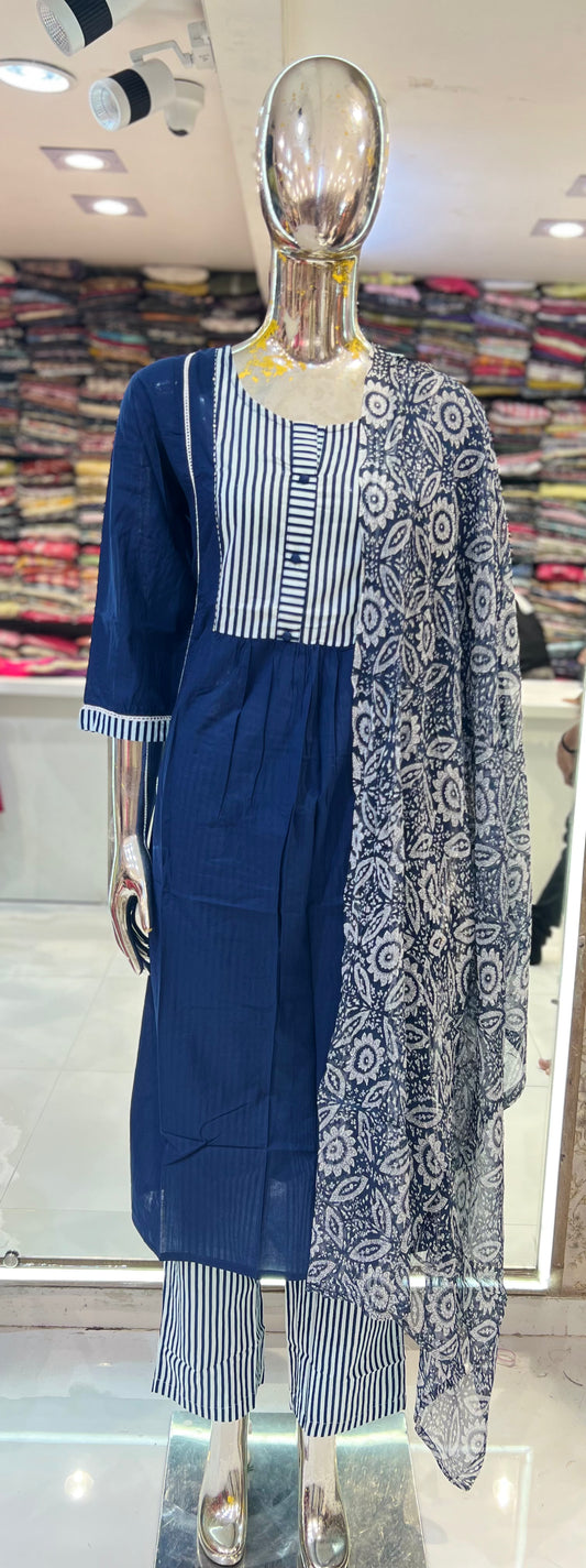 Pure Cotton 3pc Set Blue Color With White line