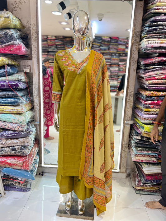 Pure Cotton 3pc Set Embrodeiry Work Mahendi Color