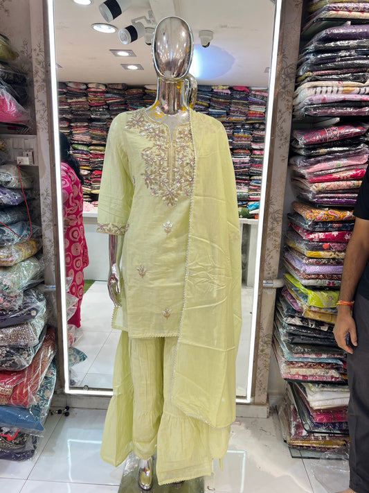 Premium Mull Cotton Sharara Set With Gotta Patti  Work - Pista Green Colour