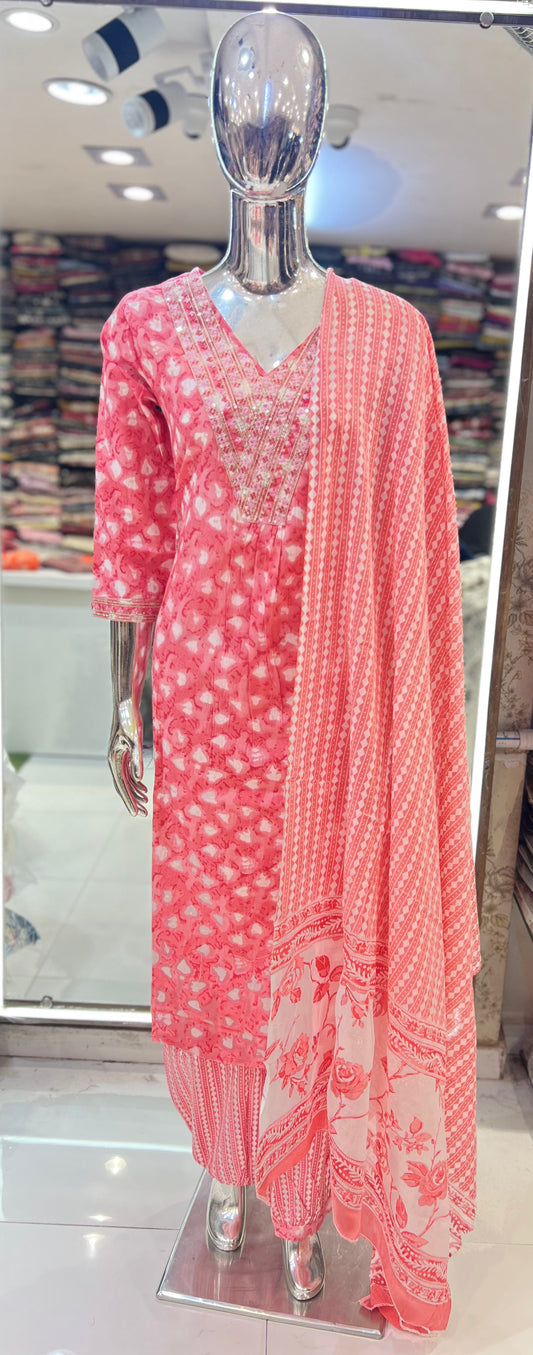 Pure Cotton 3pc Set Floral Print Pink Color