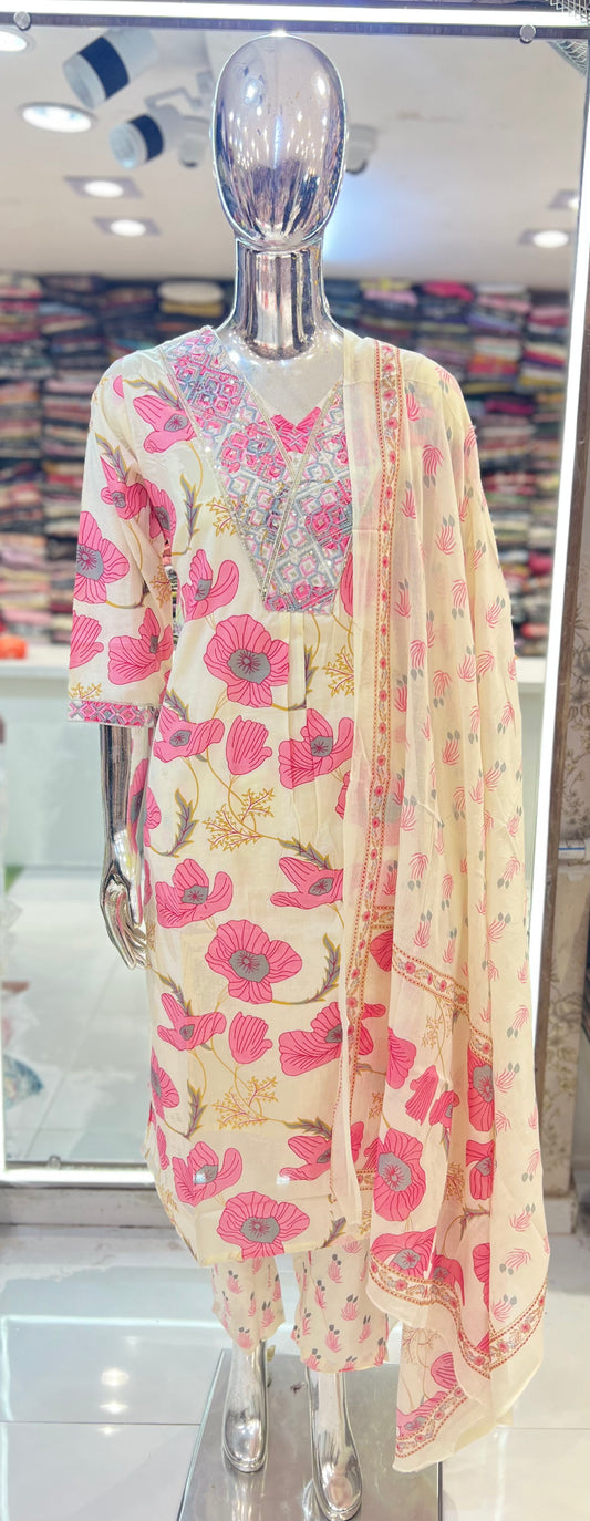 PURE Jaipuri Cotton60*60 3 Pc suit with Jari Sequence Work off White and Pink flower