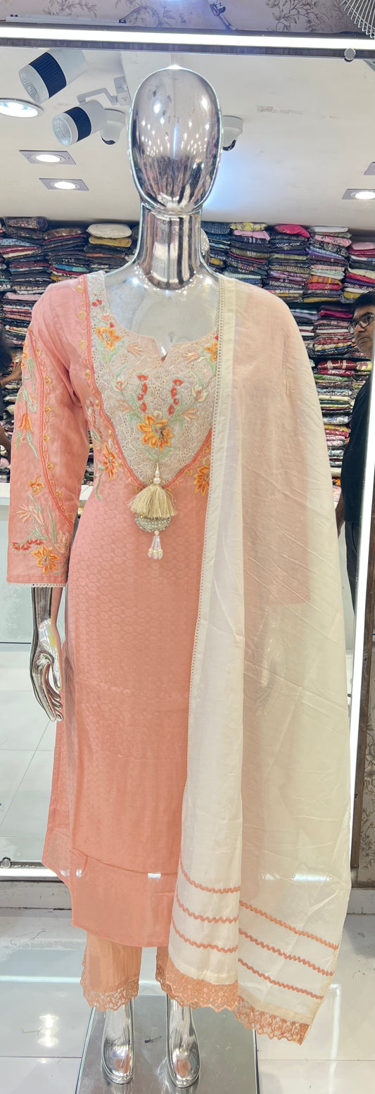 Pure Cotton 3pc Set Embrodeiry Thread Work Peach Color