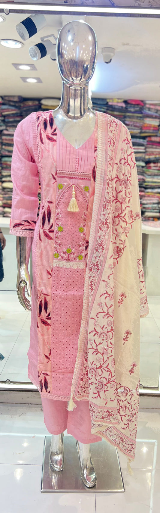 Pure Cotton 3pc Set Lace Work Floral Print baby Pink Color