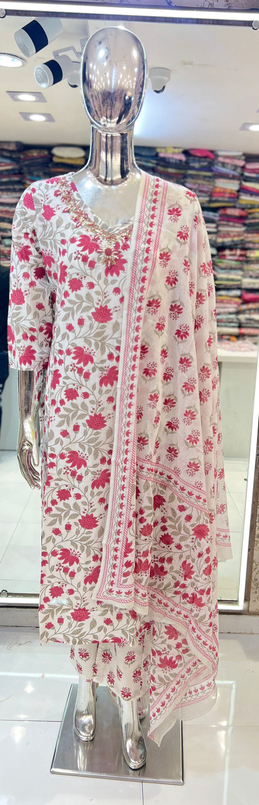 Pure Cotton 3pc Set Floral Print White Color pink flower