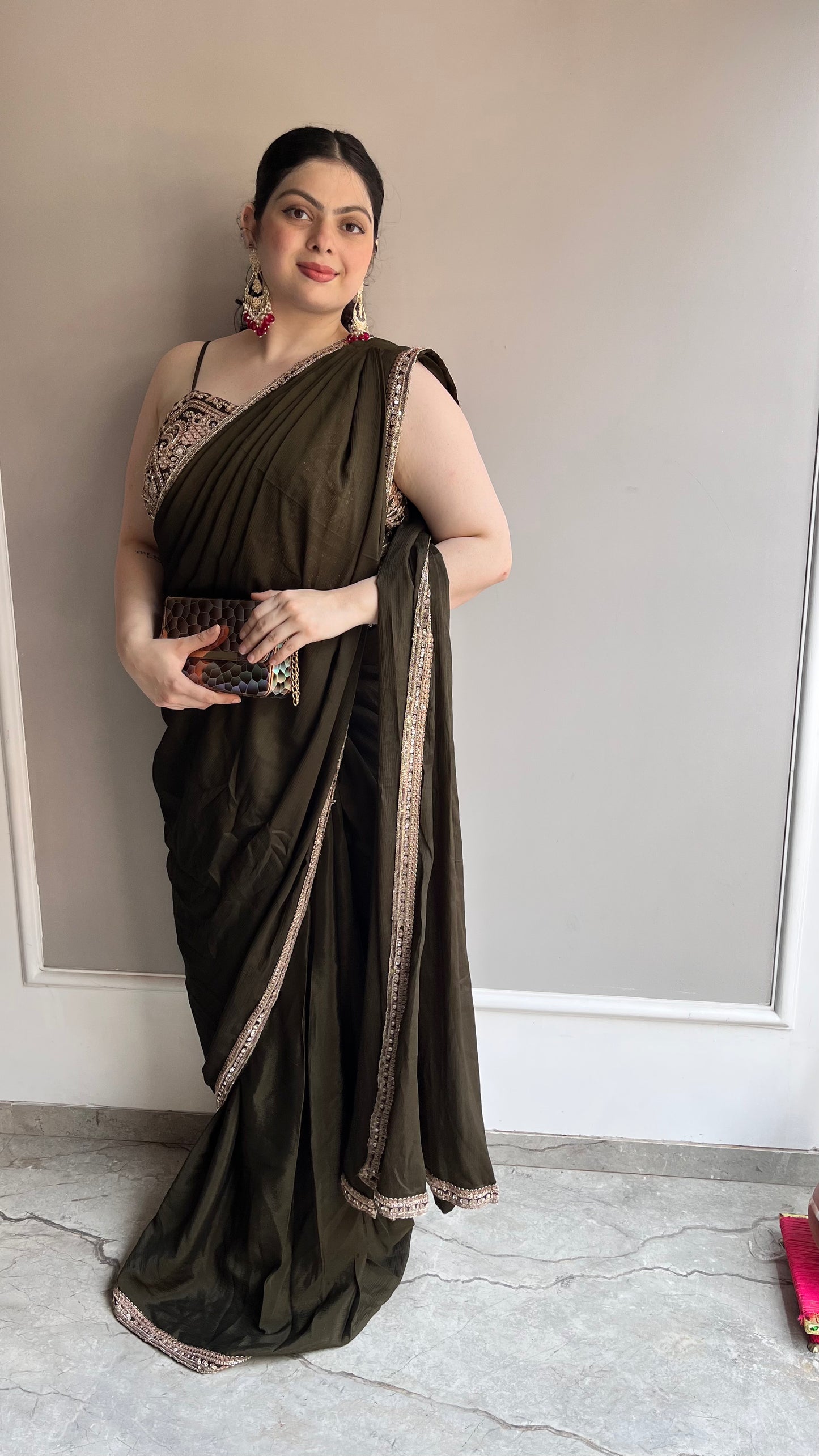 Crush Silk Dark Mahendi Green Raffle Saree