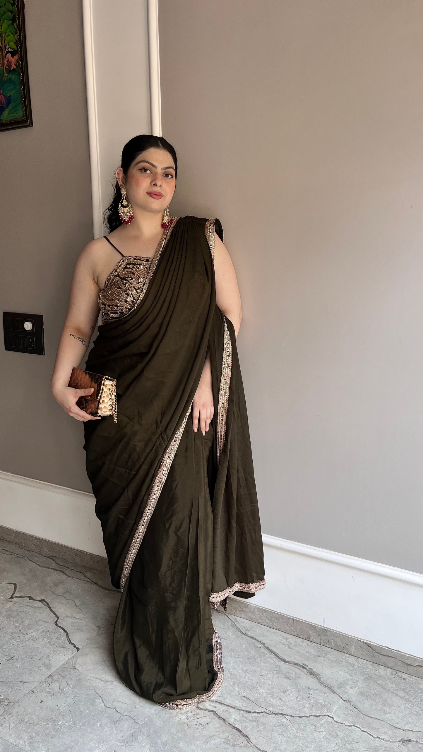 Crush Silk Dark Mahendi Green Raffle Saree