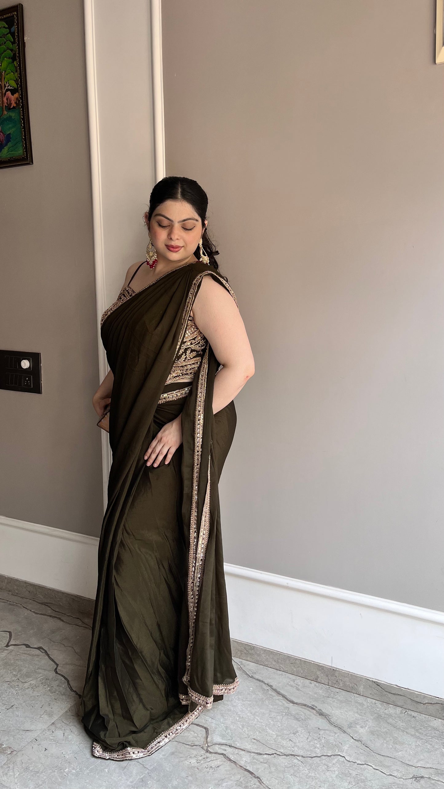 Crush Silk Dark Mahendi Green Raffle Saree