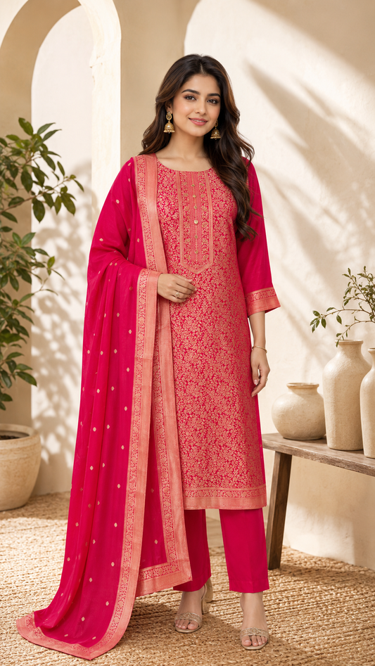Pure Kanjiwaram Silk Rani Pink 3pc Set