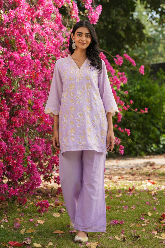 Pure Mull Cotton With Lining Embroidery Work Purple color
