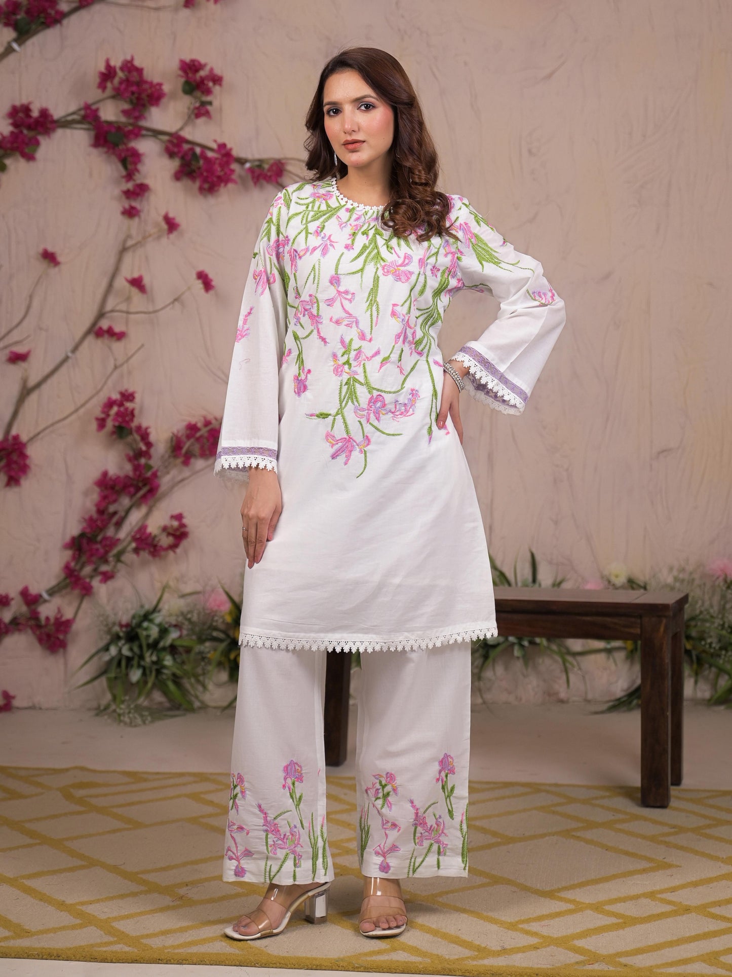 Pure Mull Cotton Cordset With Lace Embroidery On Top and Sleeves White Color