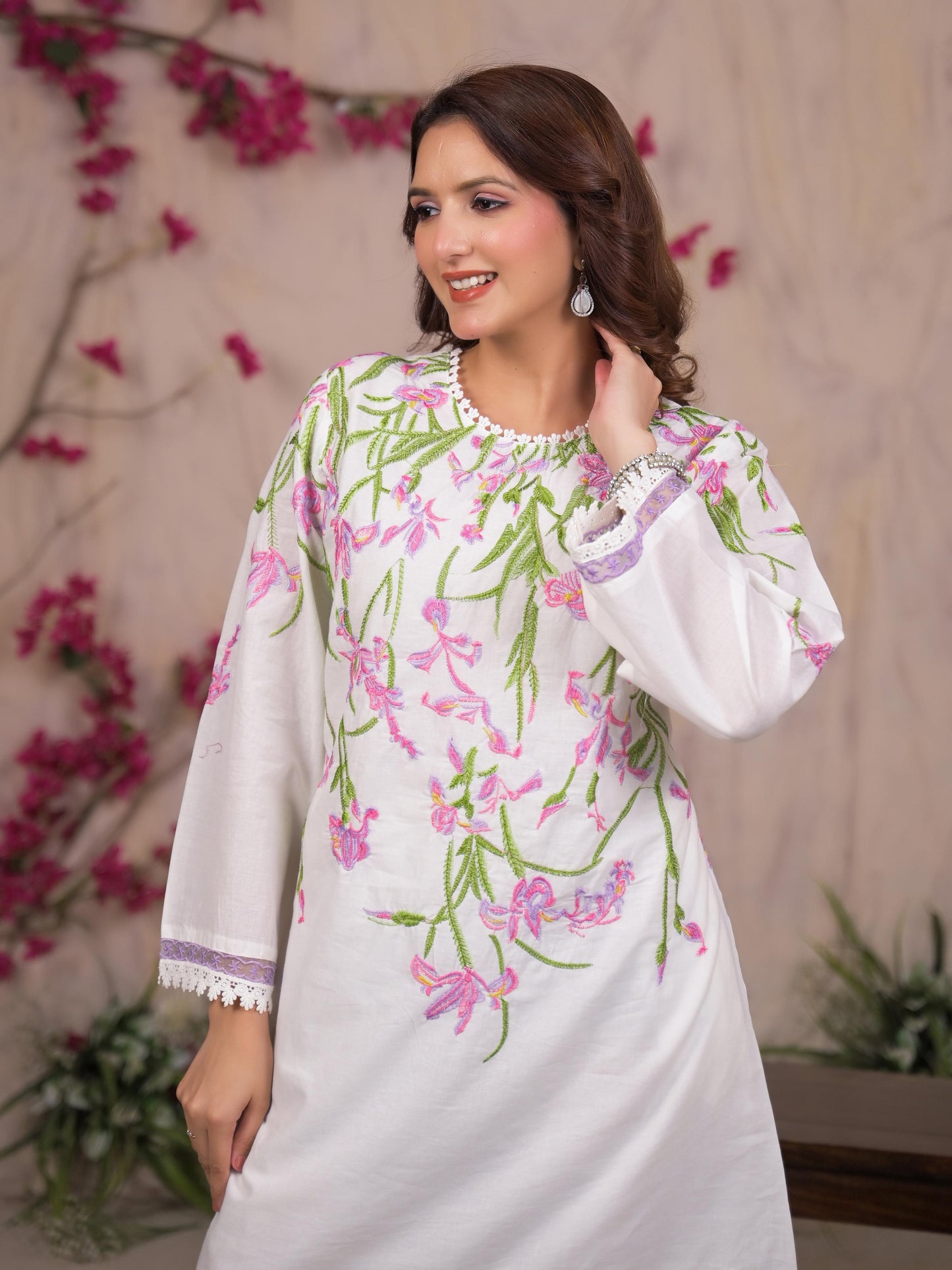 Pure Mull Cotton Cordset With Lace Embroidery On Top and Sleeves White Color