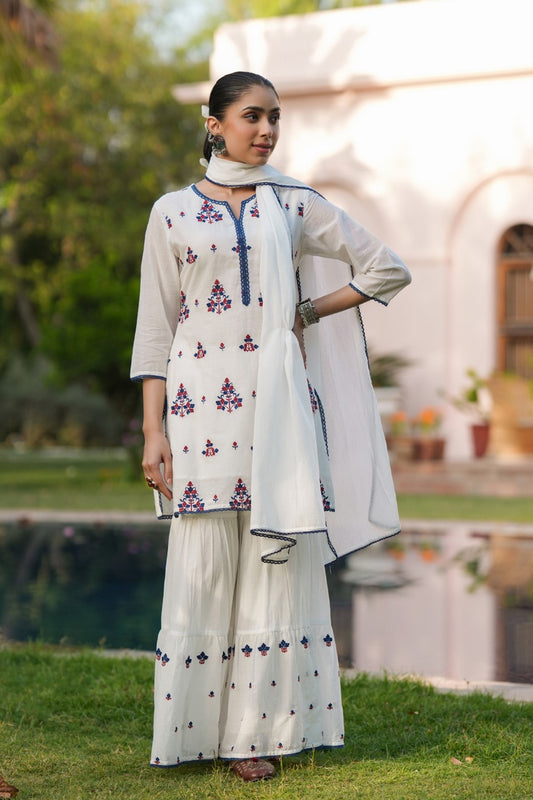 Pure Mull With Full Lining With Embroidery Work White Color With Sharara