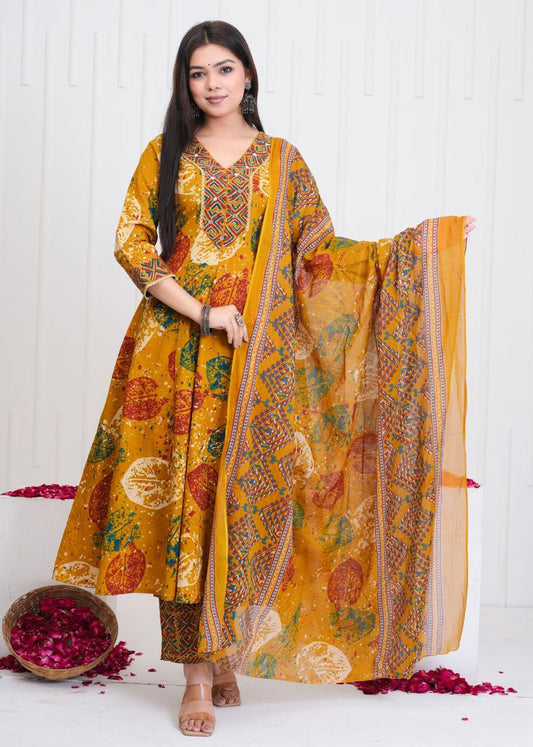 Pure Cotton A Line Anarkali Discharge Print Yellow Color