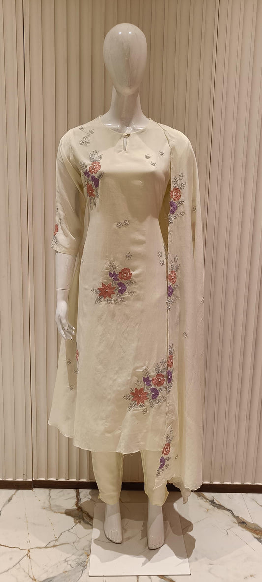 Pure Banarasi Mull Chanderi Applique Work 3pc Set Ivory Color