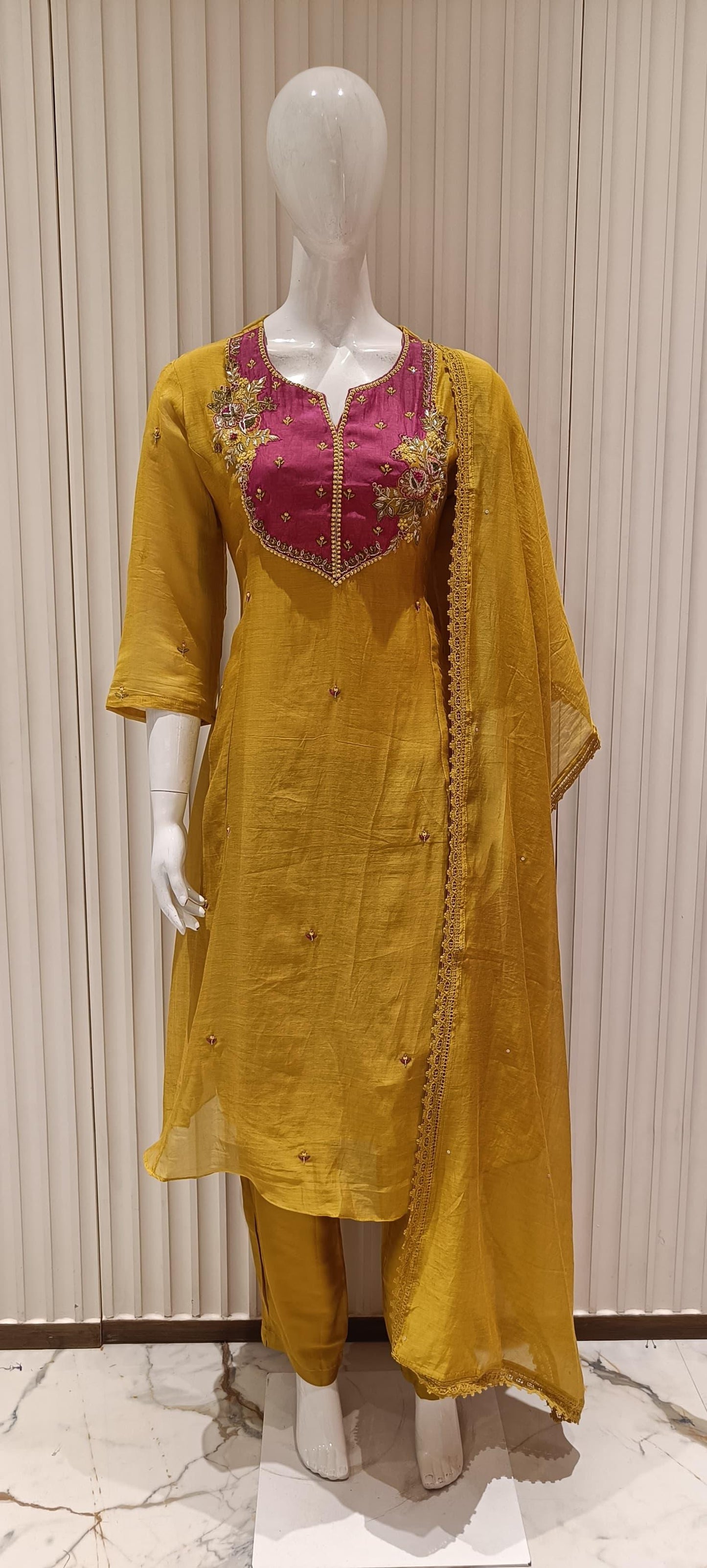 Pure Banarasi Mull Chanderi Coordsets With Kolkata Handwork Yellow Color