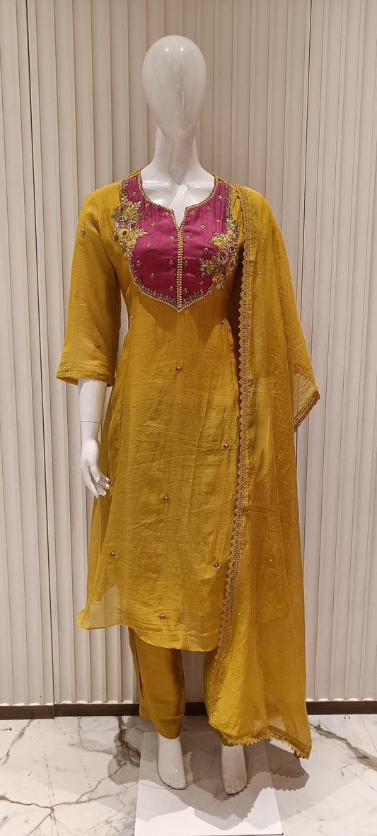 Pure Banarasi Mull Chanderi Coordsets With Kolkata Handwork Yellow Color