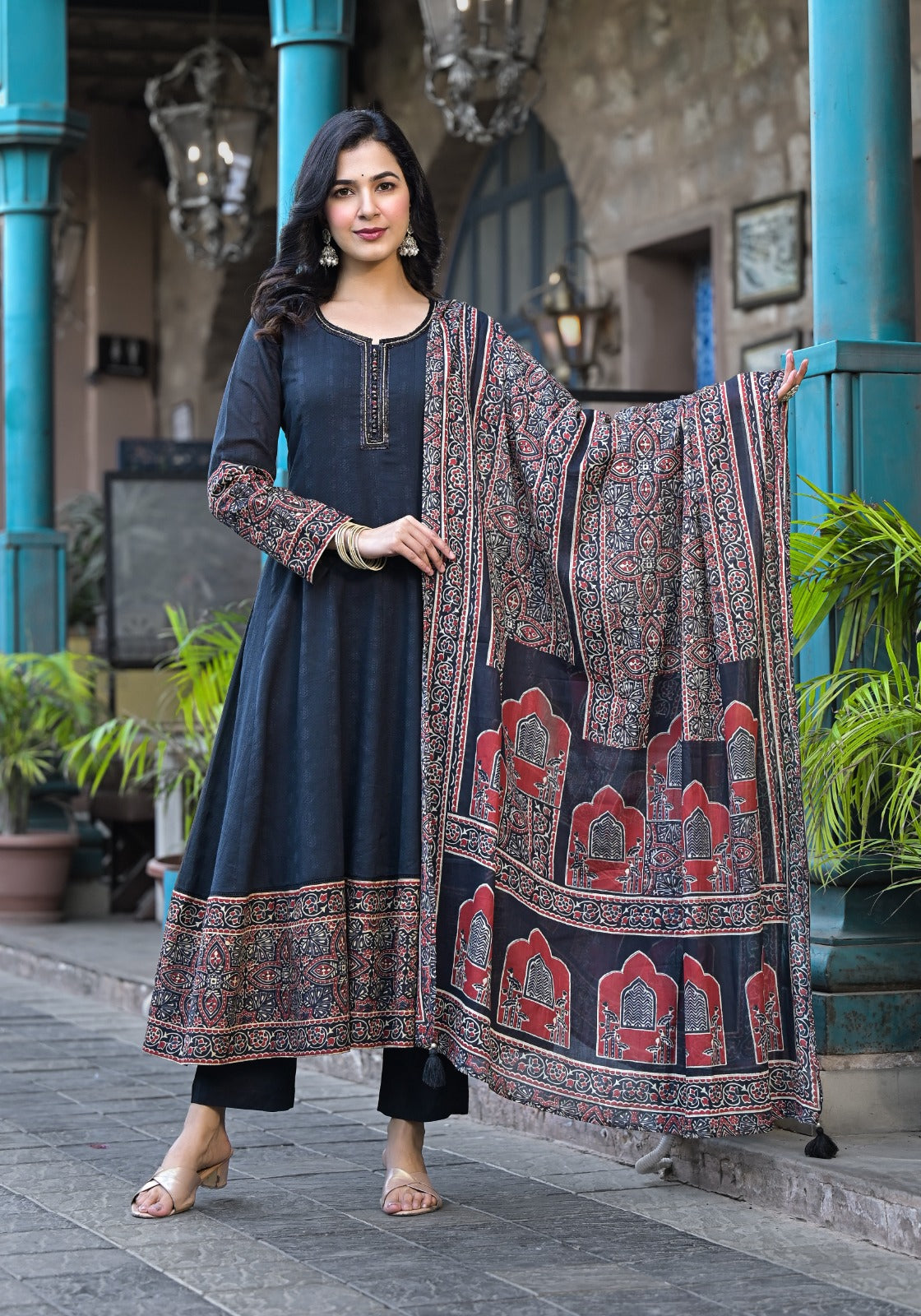 Premium Mull Cotton Shoulder Anarkali With Hand Work & Potli Buttons Black
