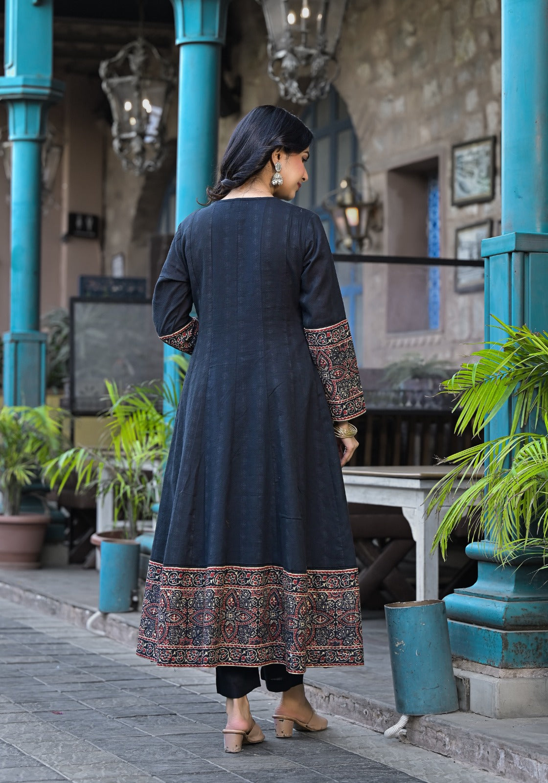Premium Mull Cotton Shoulder Anarkali With Hand Work & Potli Buttons Black