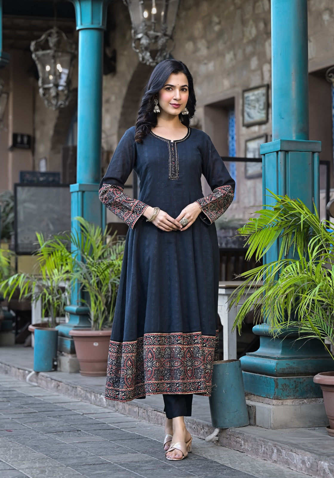 Premium Mull Cotton Shoulder Anarkali With Hand Work & Potli Buttons Black