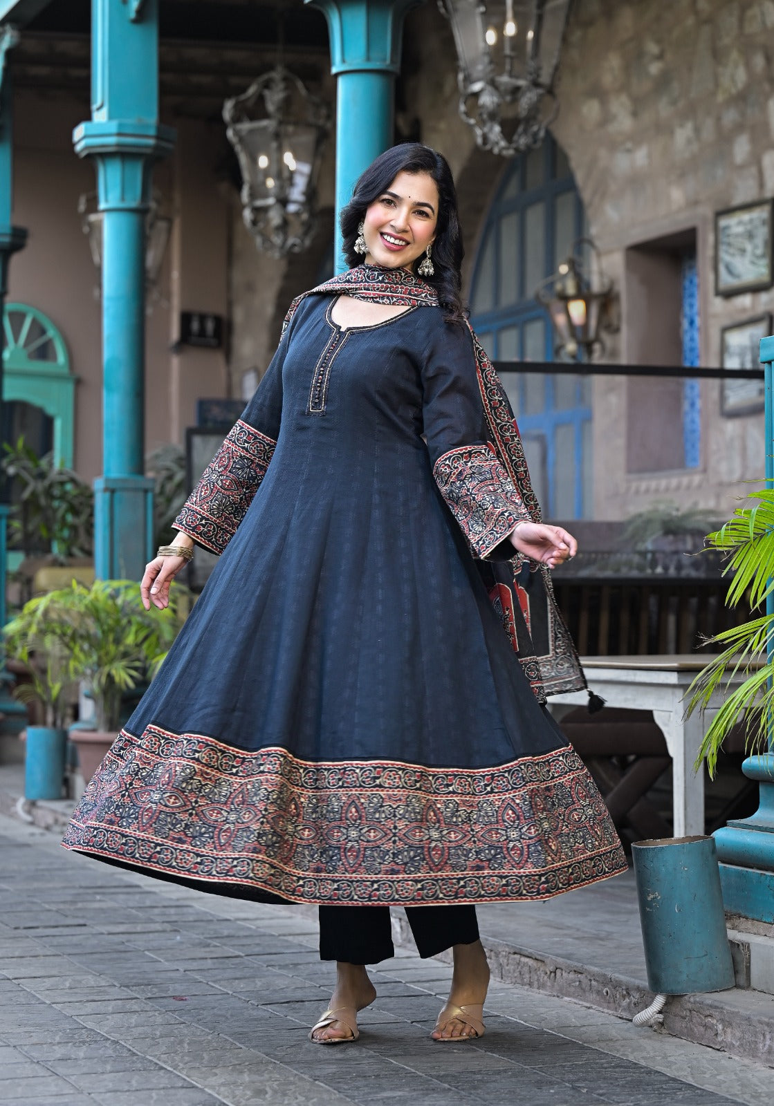 Premium Mull Cotton Shoulder Anarkali With Hand Work & Potli Buttons Black