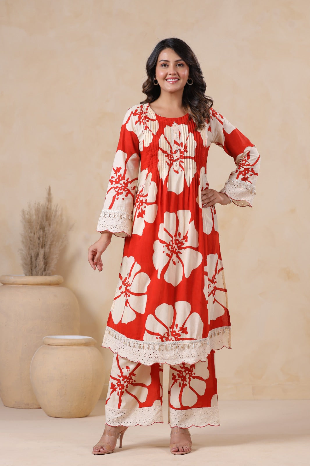 Pure Jaipuri Cotton Coordset With Pintex design Orange Color