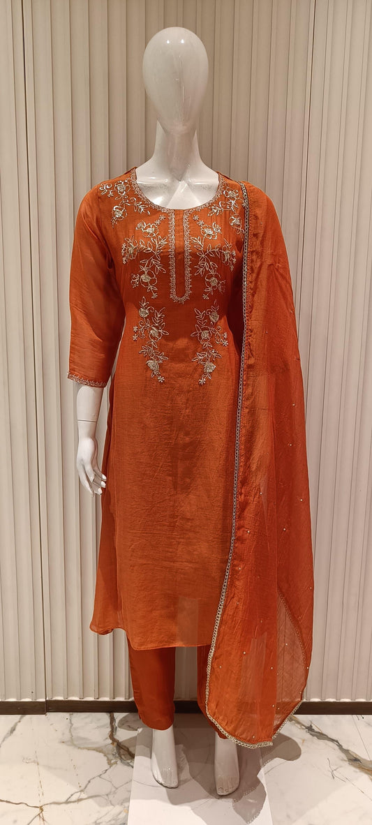 Pure Banaras Mull Chanderi With Kolkata dabka Handwork Orange Color