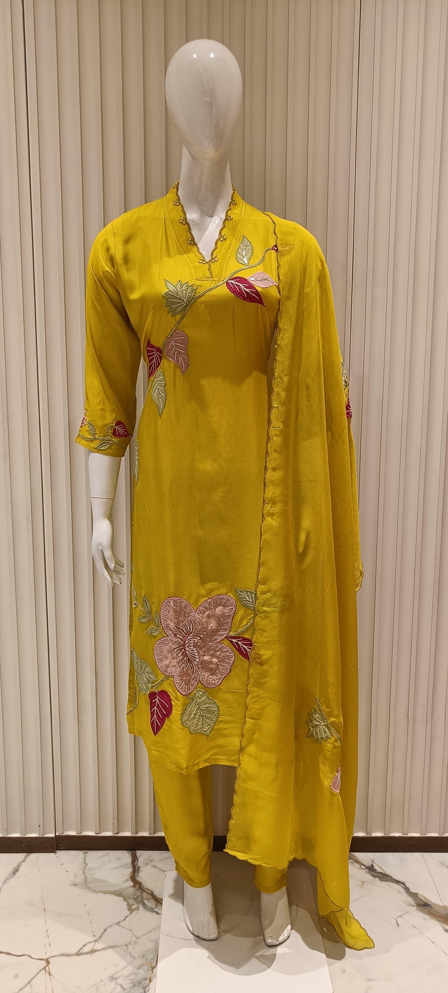 Pure Russian Silk With Applique Work- Mustard Color