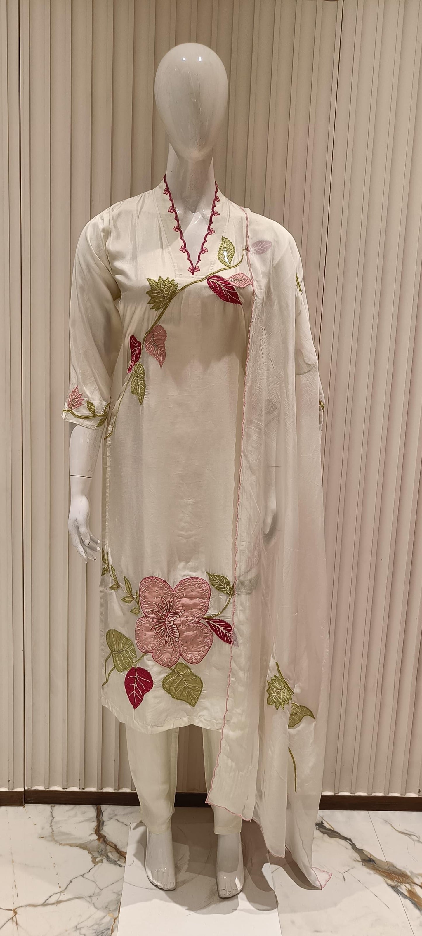 Pure Russian Silk With Applique Work- Ivory Color
