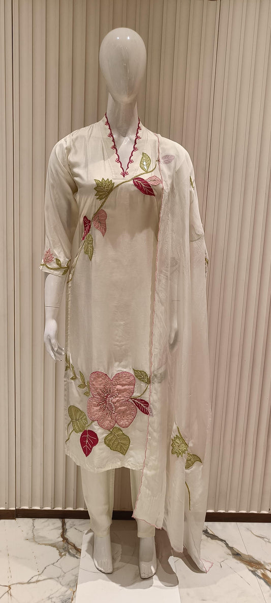 Pure Russian Silk With Applique Work- Ivory Color