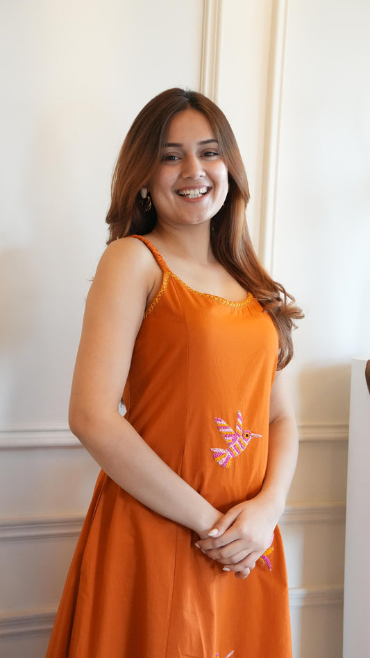 A Line Anarkali Cotton Spaghetti With Palazzo in Knot Work Orange Color  (No sleeves)