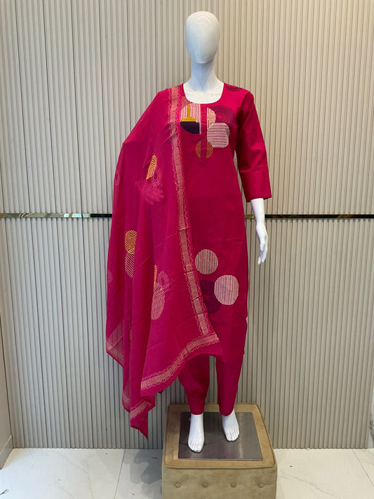 Pure Cotton Thread Work 3 Pc Suit Pink Color