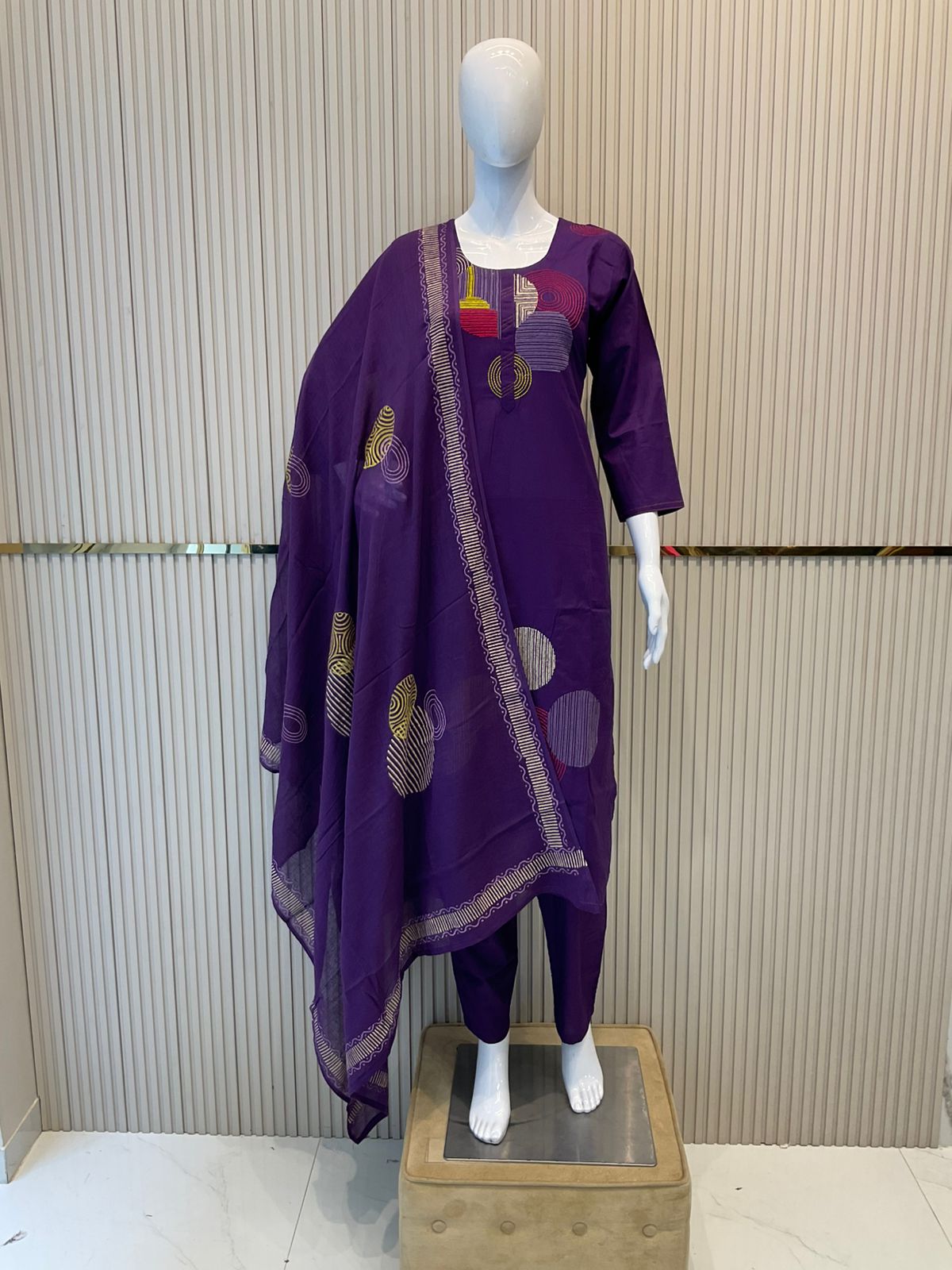 Pure Cotton Thread Work 3 Pc Suit Purple Color