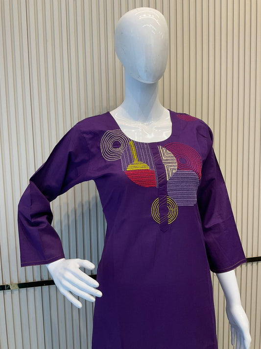 Pure Cotton Thread Work 3 Pc Suit Purple Color