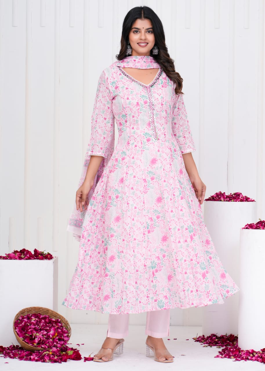Pure Mull Cotton Shoulder Anarkali- Baby Pink Color