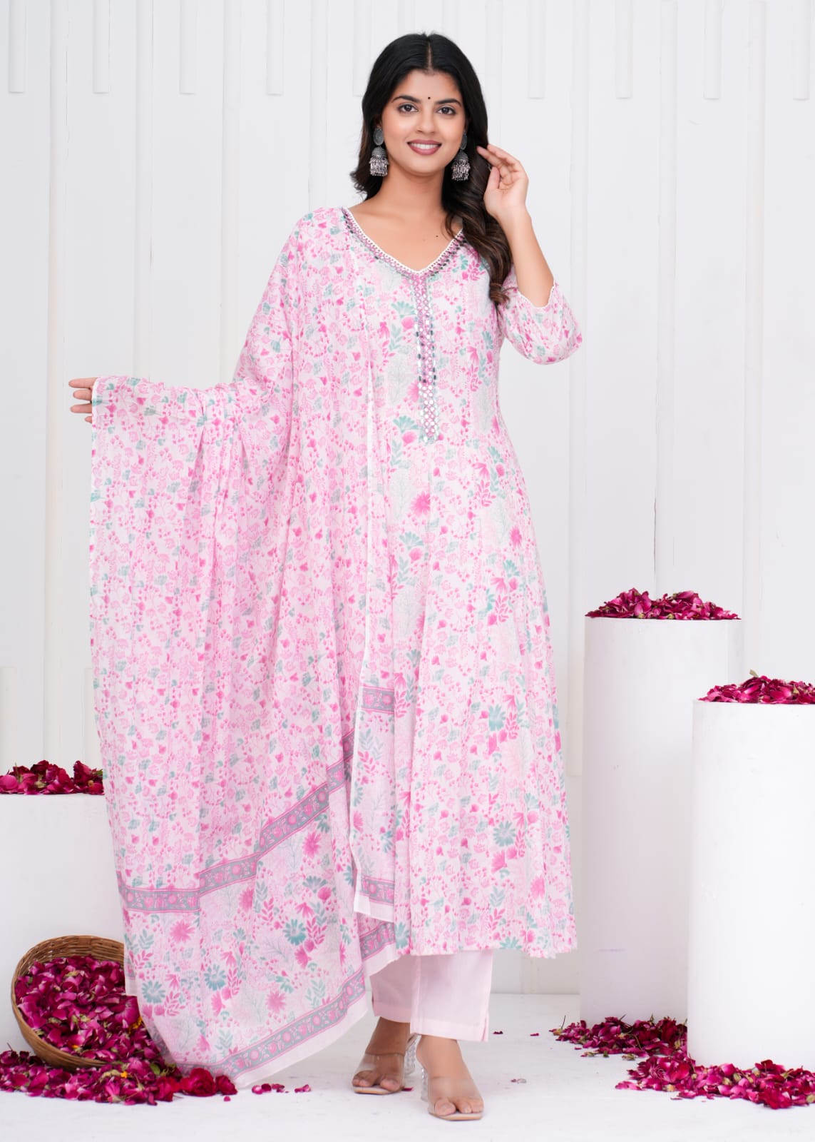 Pure Mull Cotton Shoulder Anarkali- Baby Pink Color