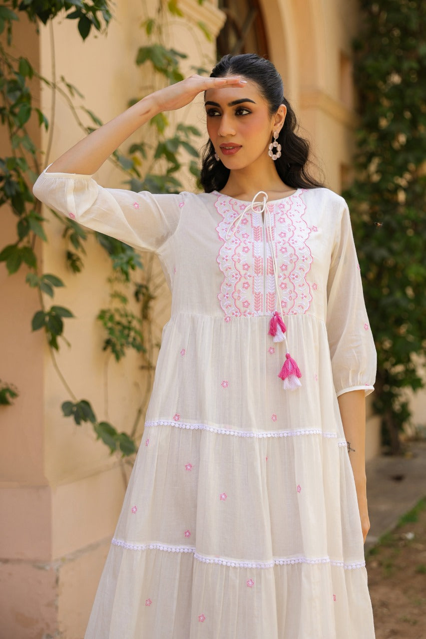 Pure Mull Cotton Long Midi With Cotton Lining White and Pink