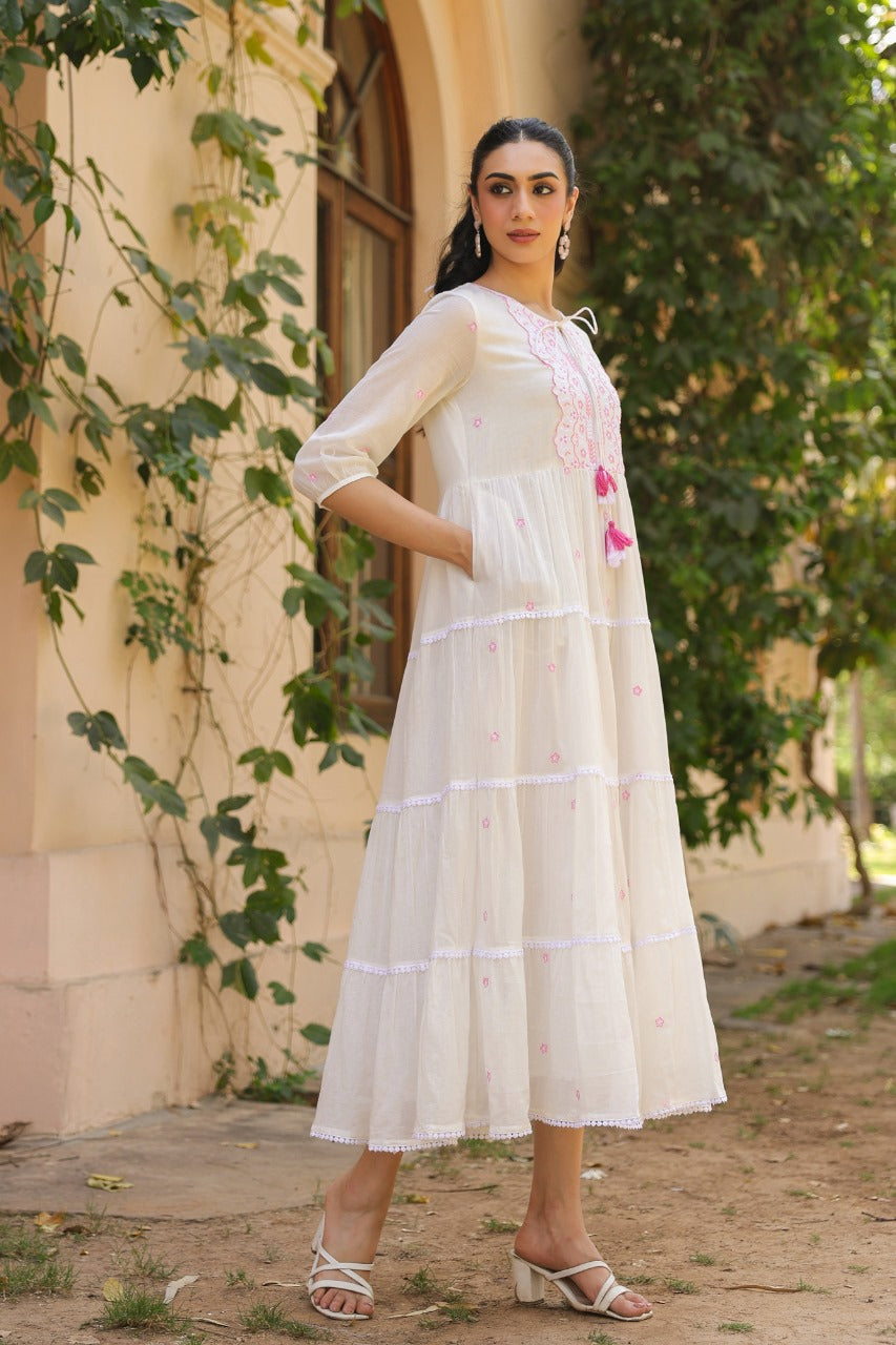 Pure Mull Cotton Long Midi With Cotton Lining White and Pink