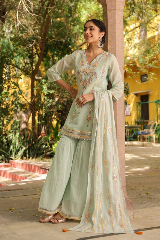 Pure Mull Cotton With Sharara and gotta patti Work Sea green Colour