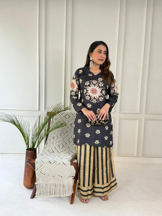 Pure Butter Muslin Coordset With Palazzo Grey Black Color