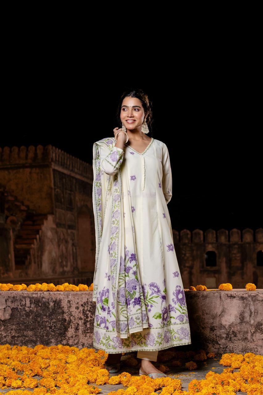 Pure Mull Cotton Anarkali With Potli Buttons