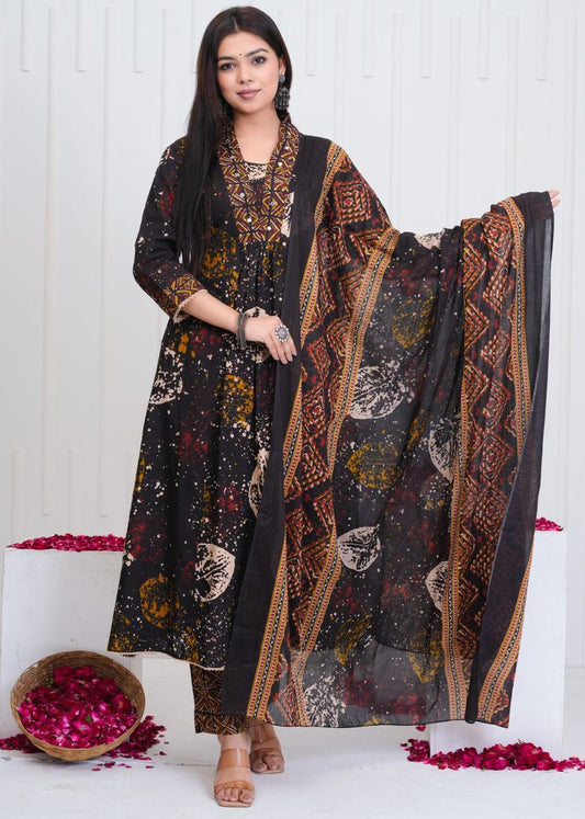 Pure Cotton A Line Anarkali Discharge Print Black Color