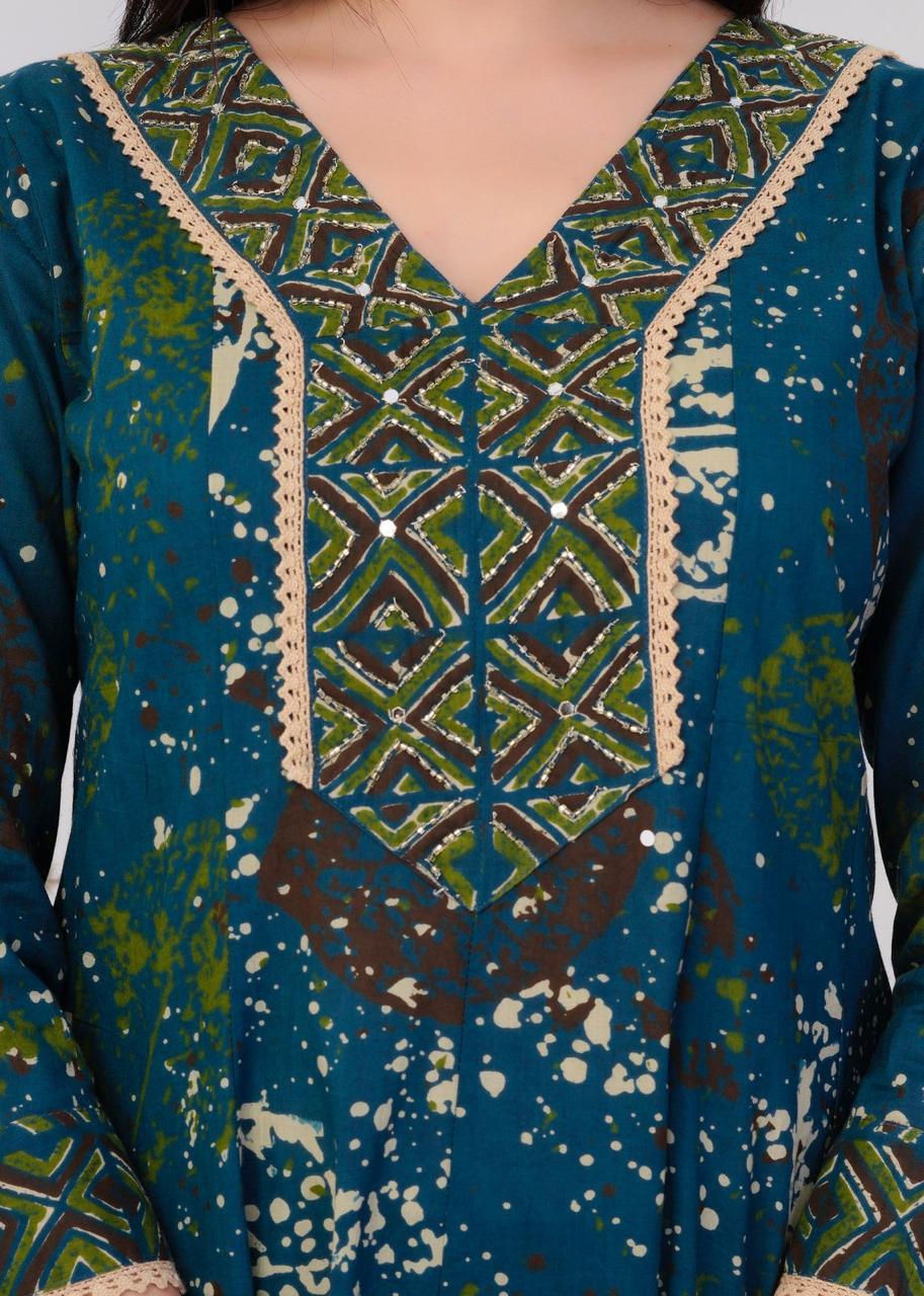 Pure Cotton A Line Anarkali Discharge Print Rama Green Color